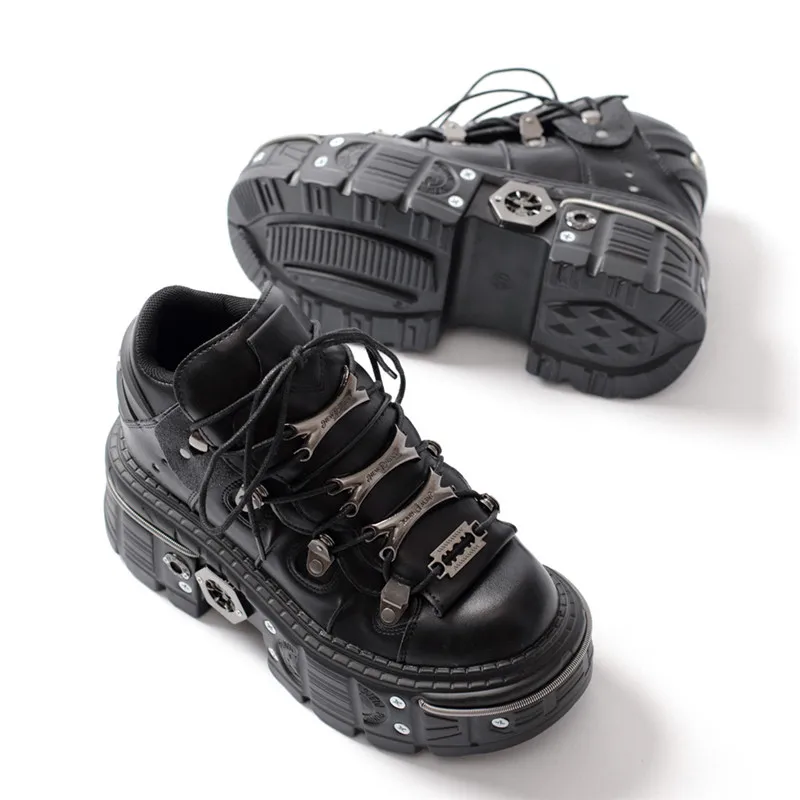 Fashion Women Punk Platform Shoes for Woman's Lace-Up Round Toe Metal Decoration Thin Heels Sneakers Gothic Party Nightclub Shoe 3