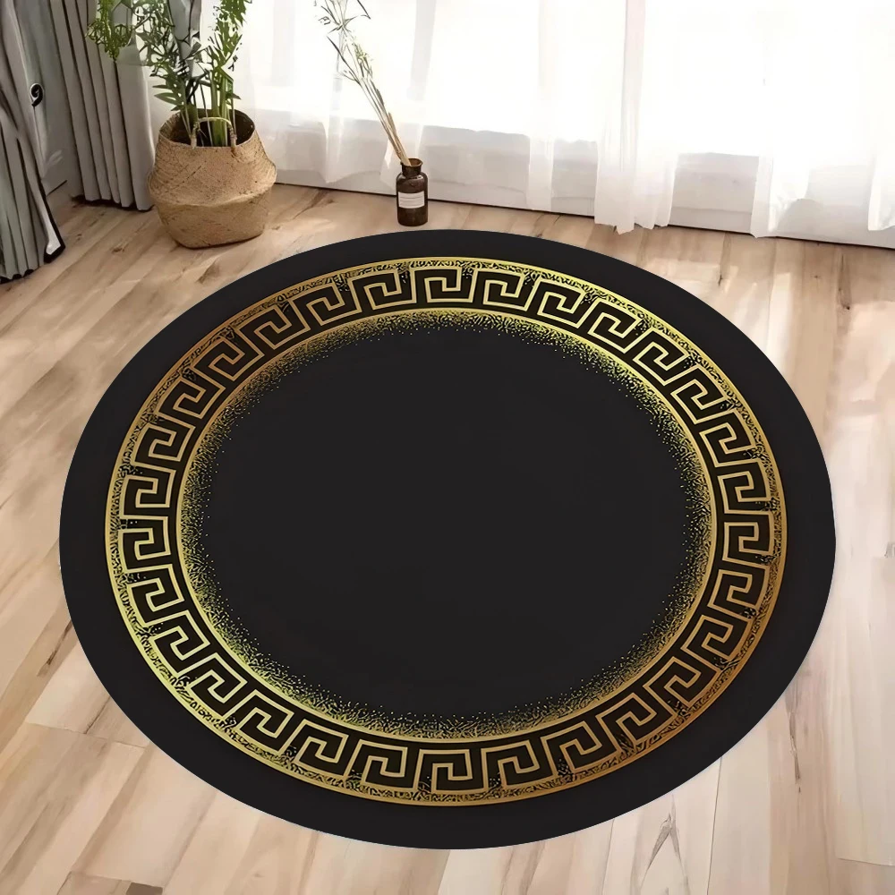 พรมกลมแบบซักได้สไตล์โมร็อกโก สีดำทอง วินเทจ สำหรับห้องนั่งเล่น ห้องนอน พรมวงกลม ทางเดิน พรมวงกลมสำหรับทางเข้า 1