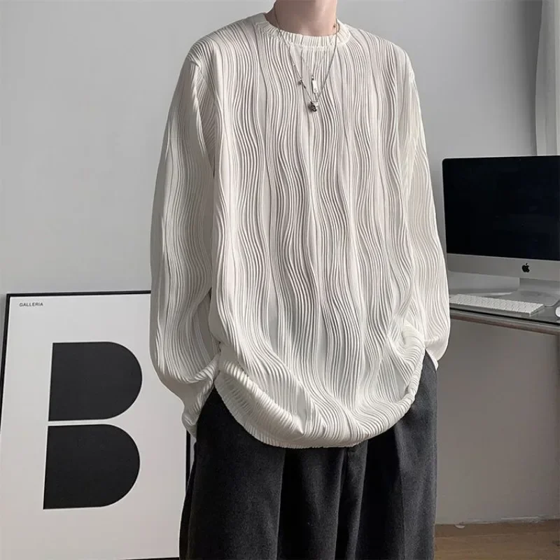

T Shirt for Man Plain Folds Unicolor Top Pullover Men's Clothing Round Neck Korean Autumn Baggy A Regular Fit Cotton Casual Sale