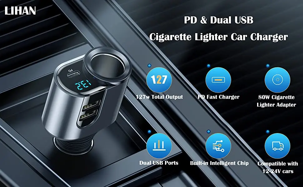 New Car Charger Lighter Adapter 4 in 1 Car Cigarette Splitter Type C Dual USB Po