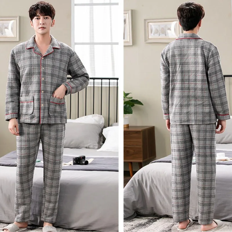 2024 New Men Pajamas Autumn Winter Knitted Cotton Sleepwear Plus Thick Quilted Loungewear Suit Air Cotton Spring V-neck Homewear