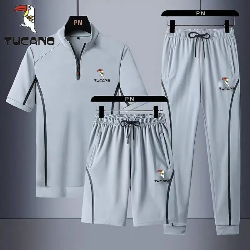 Pecker Bird Summer Ice Silk Men Short Sleeve Suit Sports Three Piece Set Loose Casual Large Size Running Clothes Mens Clothes