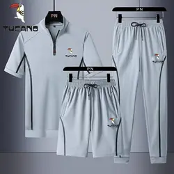 Pecker Bird Summer Ice Silk Men Short Sleeve Suit Sports Three Piece Set Loose Casual Large Size Running Clothes Mens Clothes