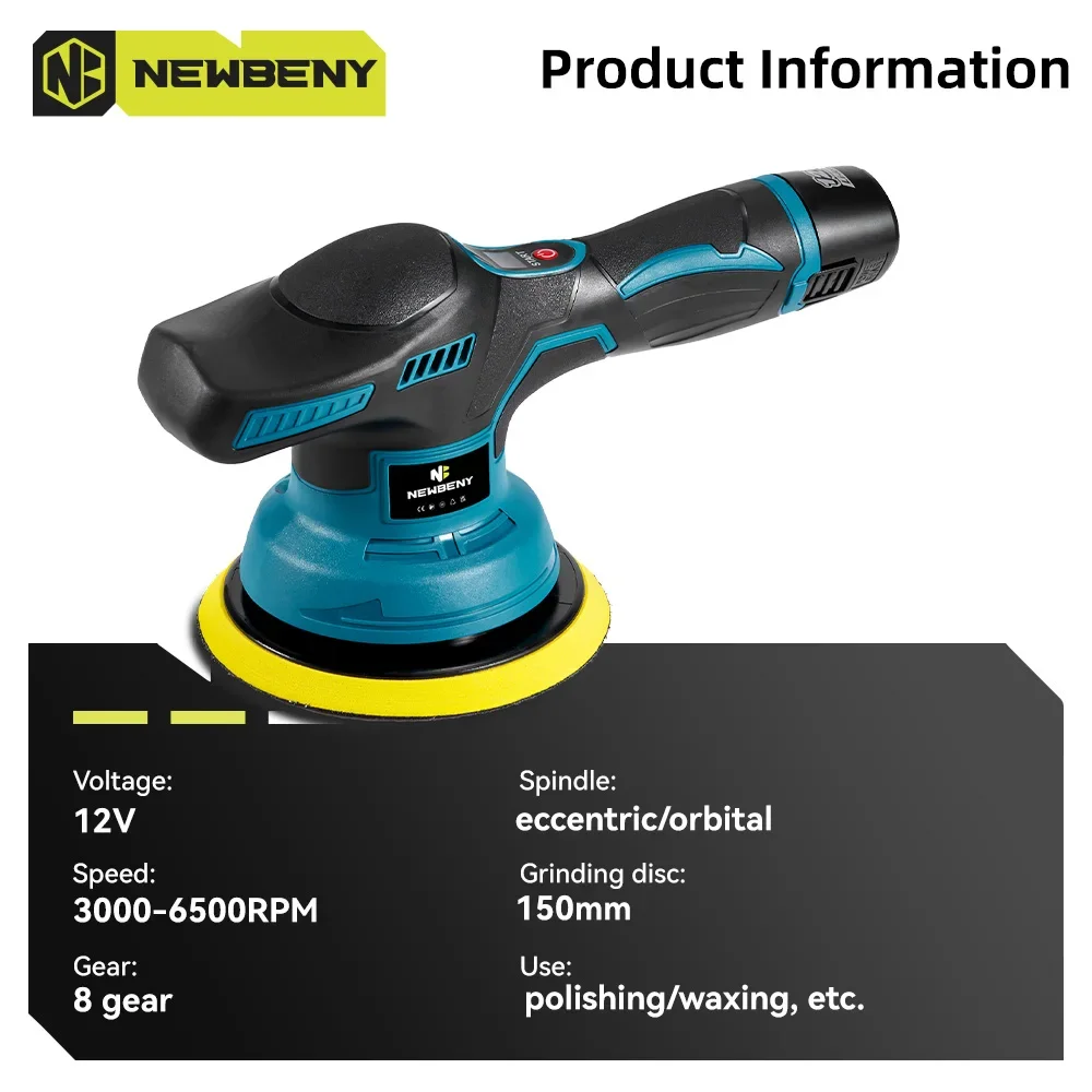 NEWBENY 12V Electric Car Polisher 150mm Cordless 8 Gears Speeds Adjustment Car Home Cleaning Waxing Sanding Beauty Power Tool