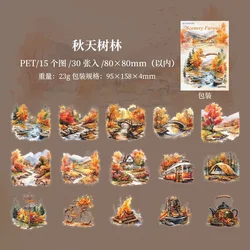Set of 30 Transparent Stickers - Twilight Forest Art & Landscape Collection for Scrapbooks and Journals (Qiu tian shu lin)
