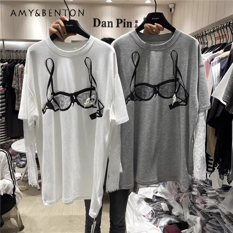 

Summer 2024 New Streetwear Top Fashion Stitching Fake Two-Piece Lace Long-Sleeved T Shirt Sun Protection Clothing White T-shirts