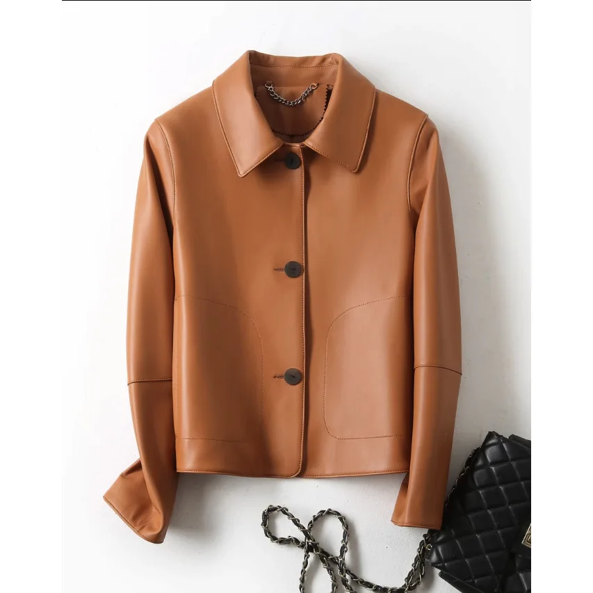 Korean Style 2023 Autumn Winter Chic Women High Quality Genuine Leather Jackets Elegant Short Coat C420