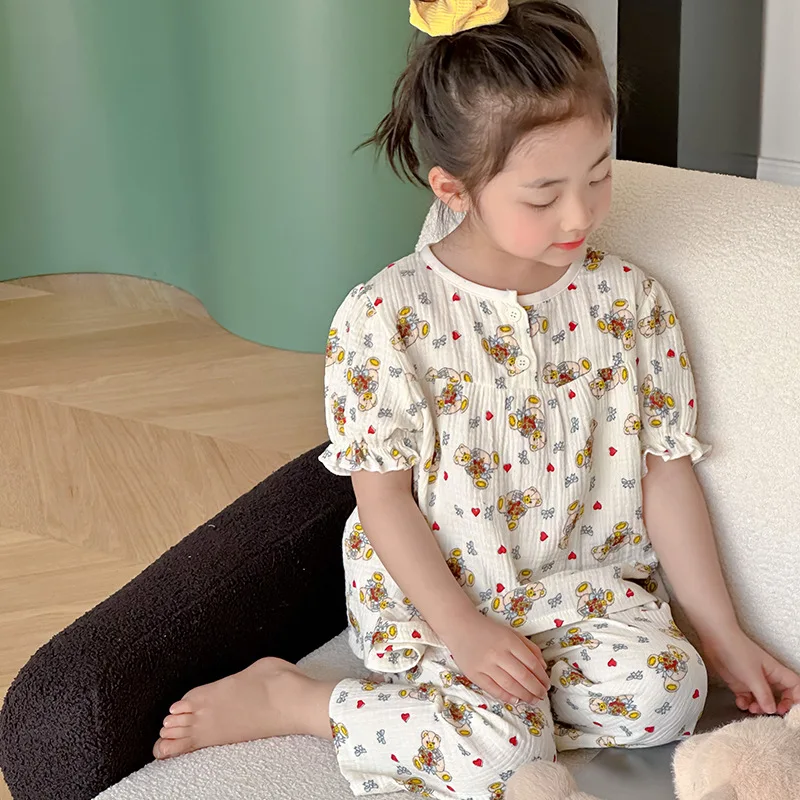 

Summer Pajamas Set for Girls Kids Short Sleeve Print Sleepwear Breathable Cotton Waffler Home Clothes Children Pyjamas 2PCS