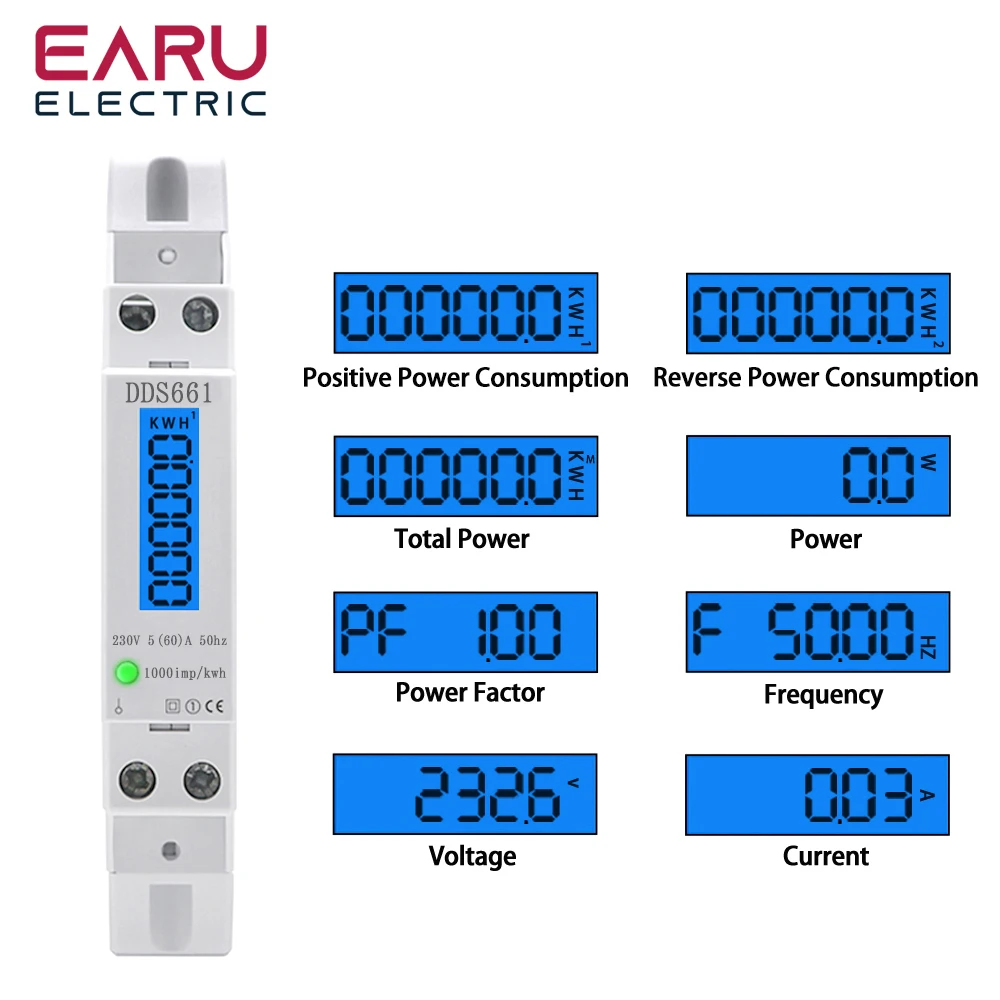 

Single Phase Backlight Wattmeter Power LCD Digital Display Consumption Meter KWh 5(60)A 230VAC 50Hz Watt Din Rail Energy Meter