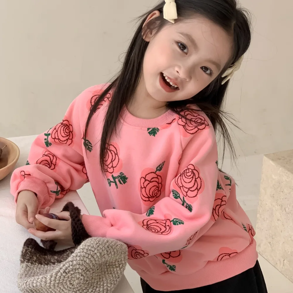 

Girls Floral Print Plush and Thick Sweater 2023 Autumn and Winter New Childrens Long Sleeved Pullover Cotton Top