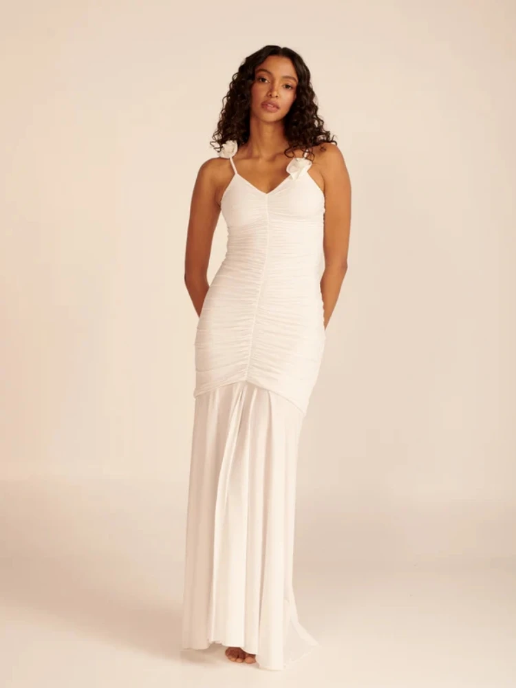 

Sexy Black White Flower Spaghetti Strap Pleated Design Long Dress Women Folds High Split Slim Maxi Dress Elegant Celebrity Party