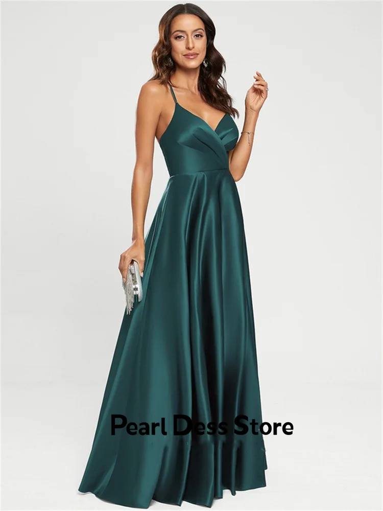 

A-line V-neck and floor length sleeveless satin ball dress formal party dress elegant solid color women's evening dress