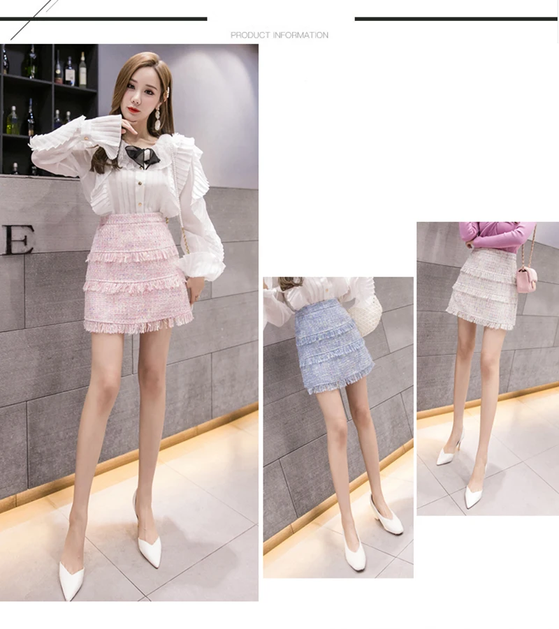 2022 Spring Fall Korean Woolen Tassel Skirts Women High Waist Alina Elegant Kawaii Tweed Sweet Office Ladies Bodycon Mini Skirts pleated skirt