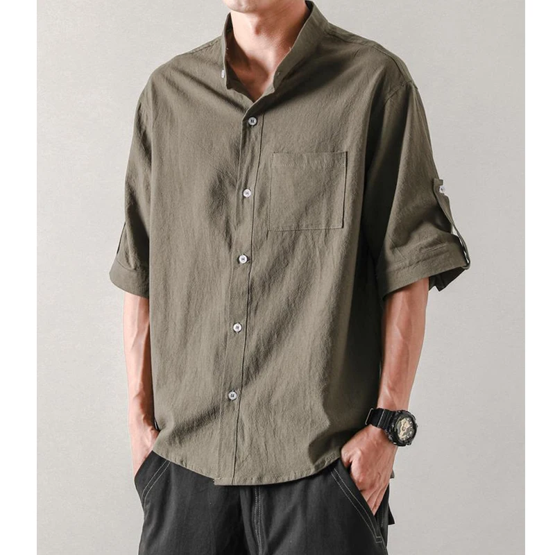 2023 New Summer Men Vintage Clothes Stand Collar Solid Casual Cotton Linen Shirts Male Short Sleeve Loose Tops Camisas De Hombre