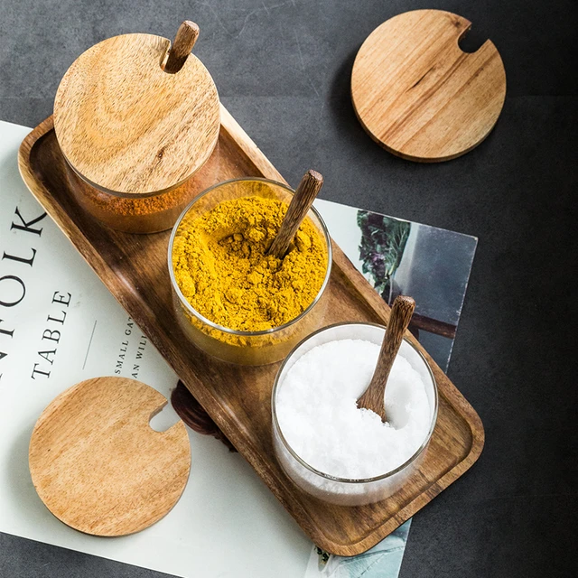 3 Boîtes A Épices En Verre Avec Cuillère En Bois