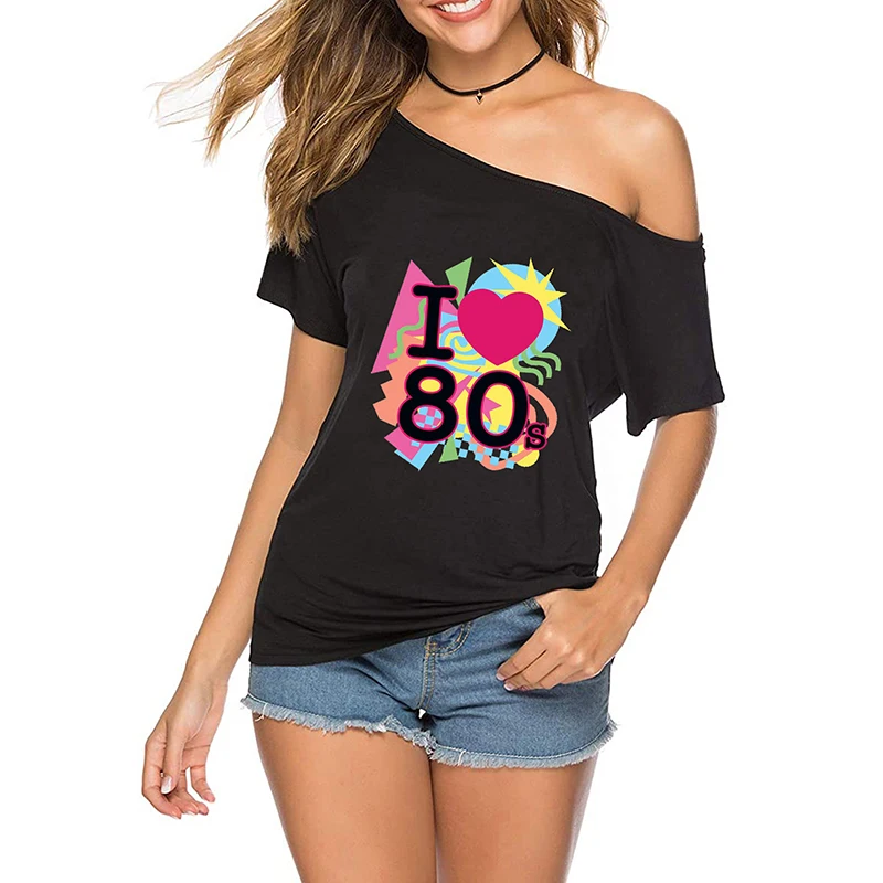 

Summer Black Skew Collar Tee Off One Shoulder T Shirt I Love 80's Graphic Irregular Vintage StreetwearFit Tshirts Women Top 2023