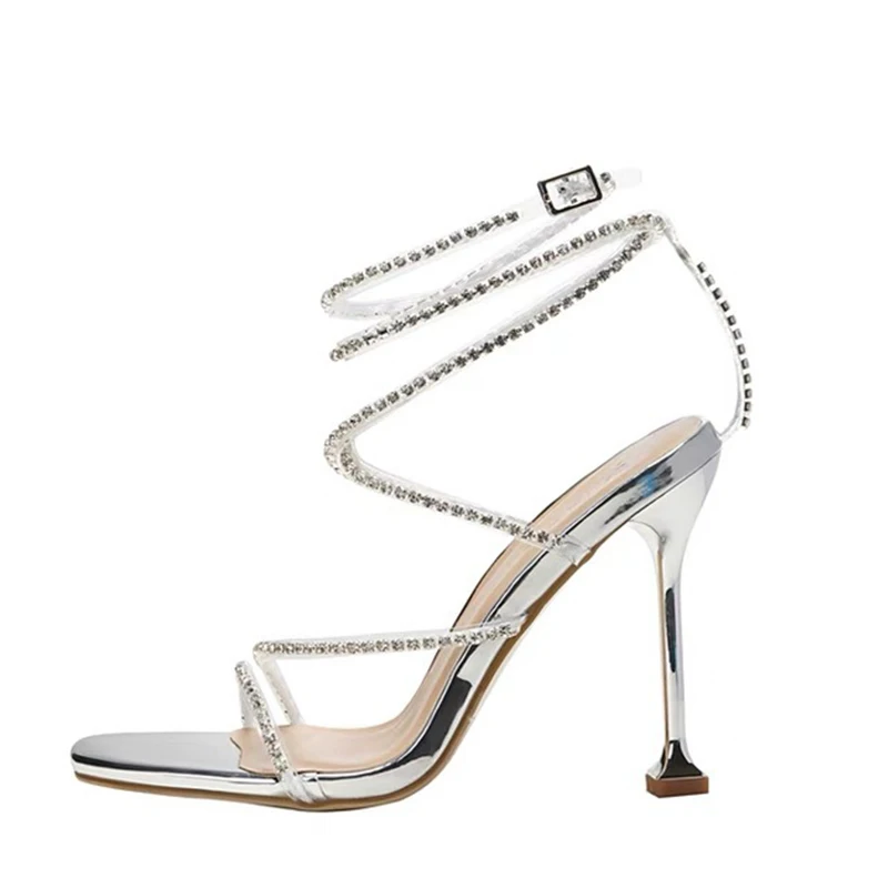 Elegant Women's Heel Sneakers Nightclub New Fish Mouth Rhinestone Sandals Thin High Heel Strap Fashion Shoes 6