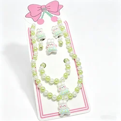 Handcrafted Unicorn Beaded Jewelry Set for Kids - Cute Animal Necklace, Bracelet, Ring, and Hair Clips for Little Princess Gifts (Green rabbit)