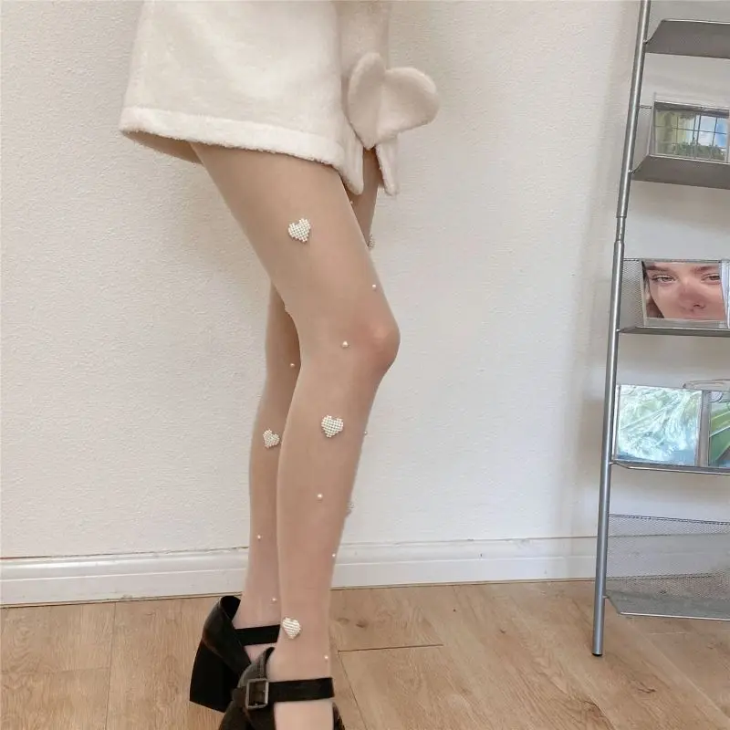 

Black Love Heart Pearl Sexy Women Tights Classic Silk Stockings Thin Vintage Thigh Sheer Pantyhose Female Elastic Hosiery Summer