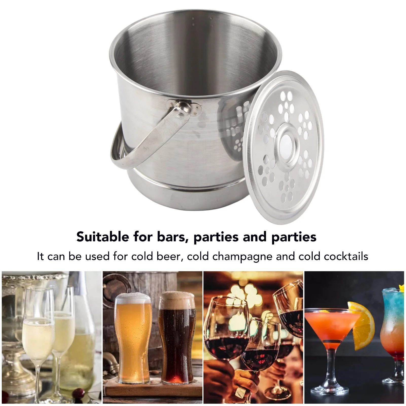 Ice Container Stainless Steel Rust Proof Cocktail Ice Bucket Portable Handle with Drip Tray Tongs for Parties for Wine