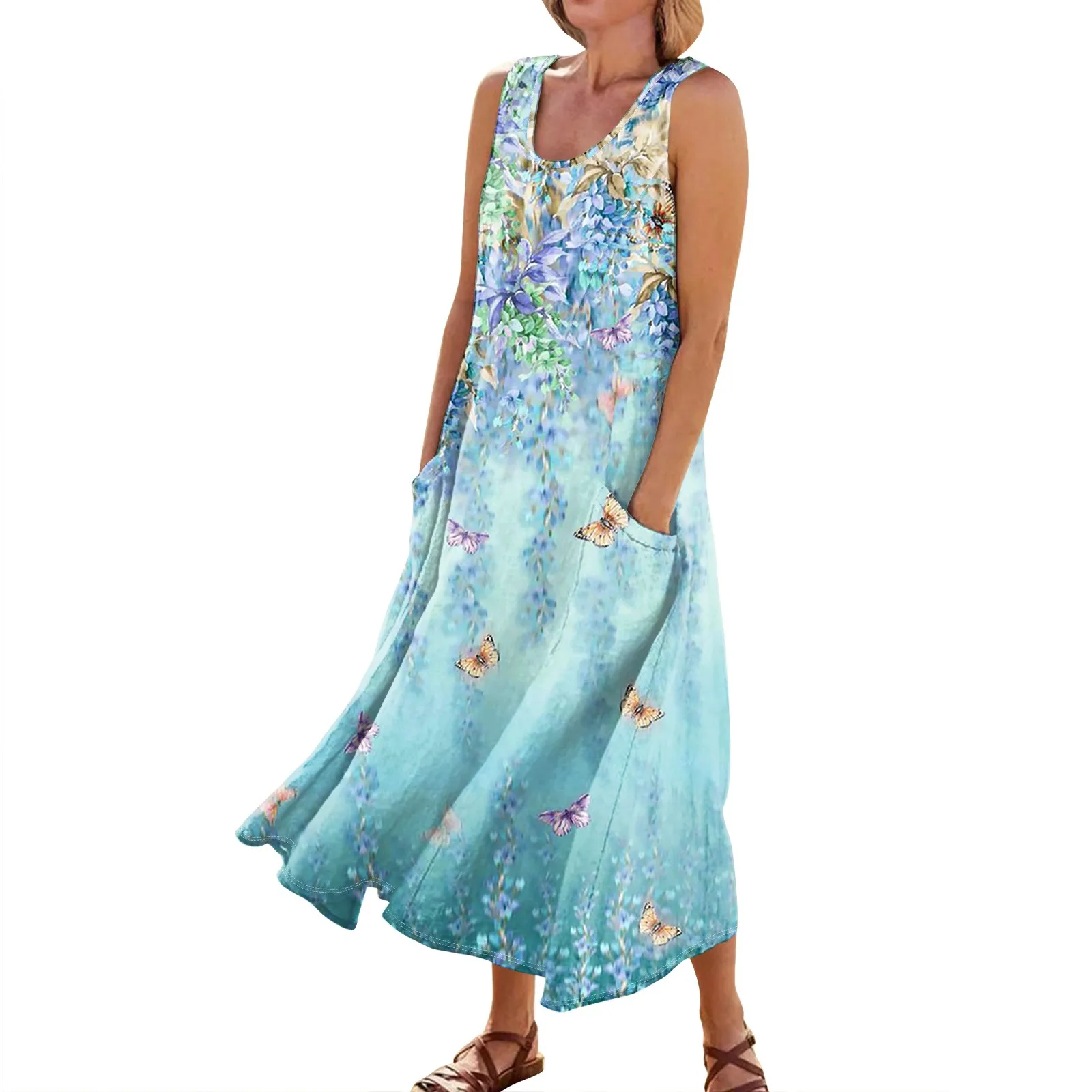

Women'S Summer Casual Fashion Retro Printed Sleeveless Round Neck Pocket Dress Elegant Dresses For Women Party Dresses 2024