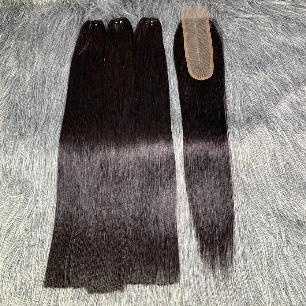 Bone Straight Vietnamese Raw Hair Bundles with Closure 12A Straight Raw Human Hair 3 Bundles with Closure 2x6 Lace Kim K