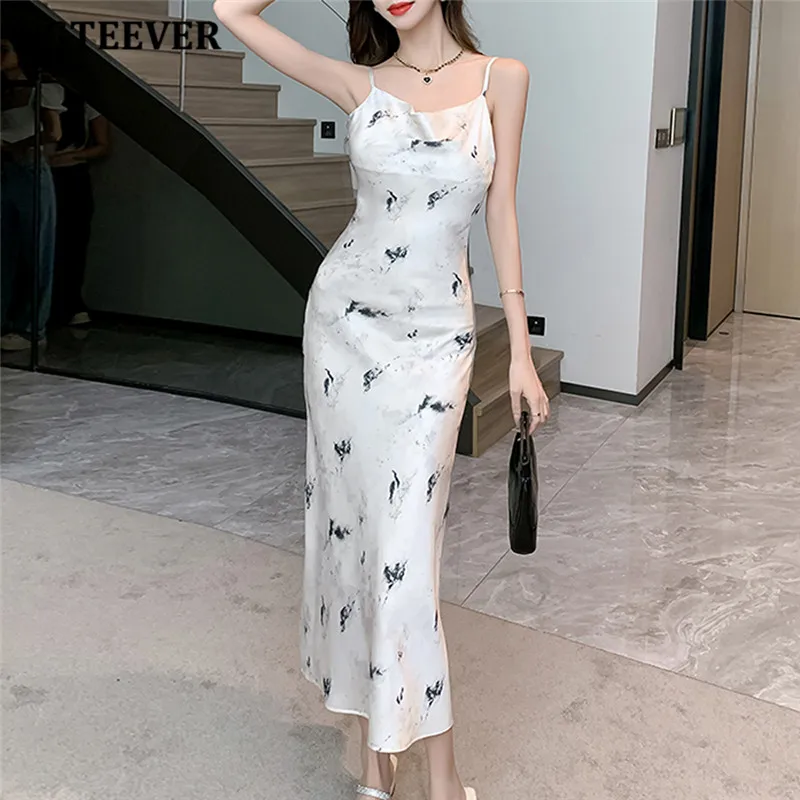 

BGTEEVER Elegant Slim Waist Female Sleeveless Bodycon Printed Dress Summer Fashion Ladies Spaghetti Strap Package Hip Midi Dress