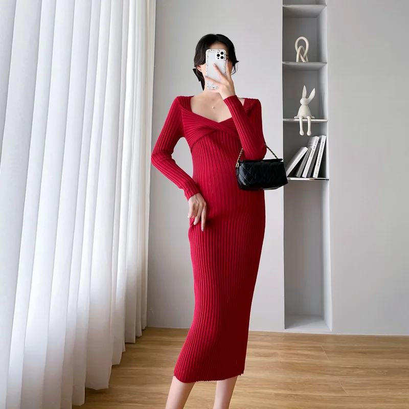 Maternity Autumn Knitting Slim Dresses Clothes for Pregnant Women 2022 New Elegant Solid Square Collar Bottom Pregnancy Vestidos