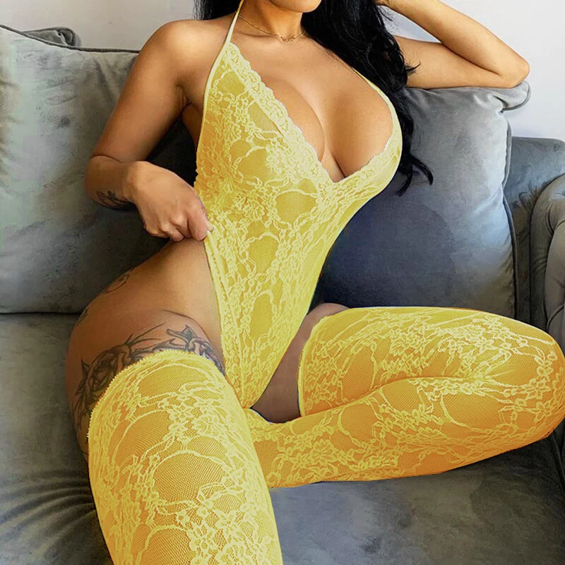 Sexy lingerie Women's Panties Bodysuit Lace Sleeveless Halter Deep V-Neck Tights Sling