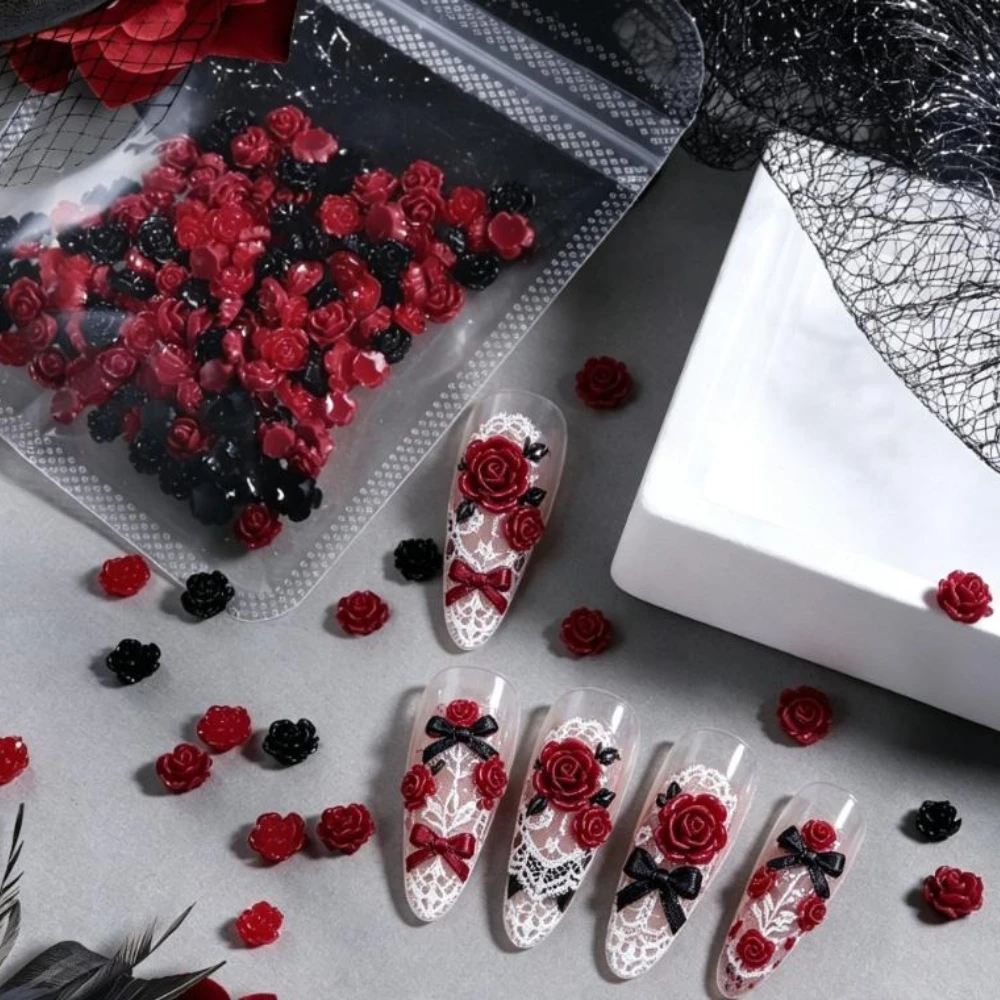 빈티지 장미꽃 네일 아트 액세서리 혼합 레드 블랙 장미 네일 장식 DIY 다크 로리타 펑크 고딕 네일 용품