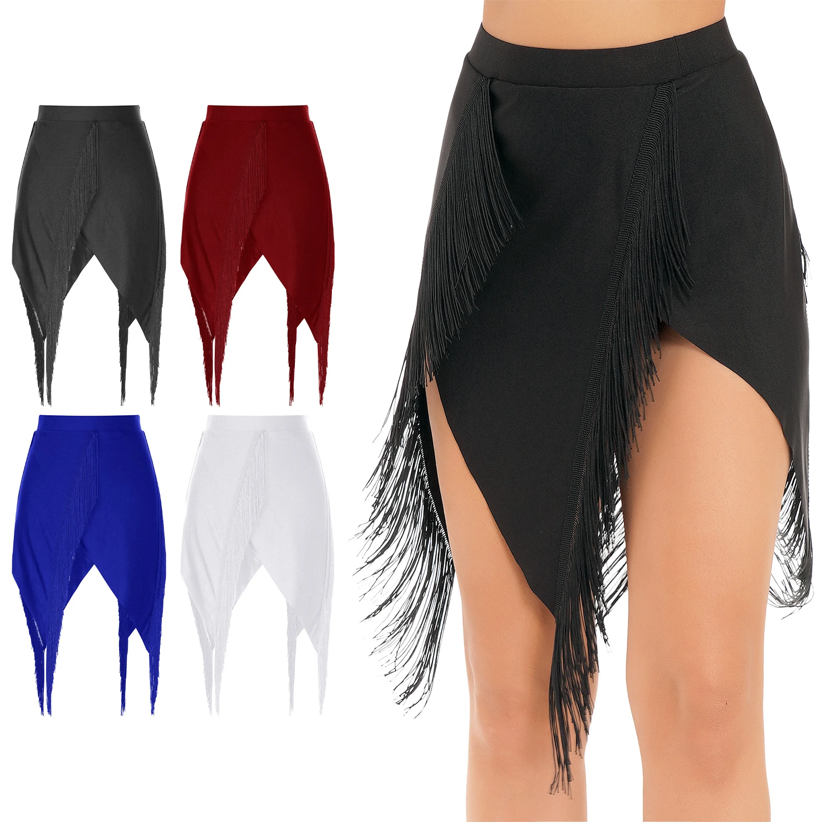 Womens Fringed Latin Dance Skirt Lady Solid Color Split Tassels Skirts