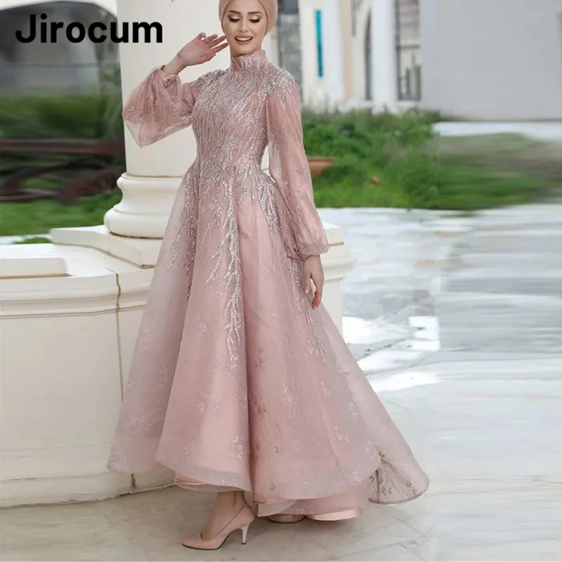 

Jirocum Elegant Lace Muslim Ball Gown Women's A Line Beaded Long Sleeve Party Evening Gowns Saudi Arabia Formal Occasion Dresses