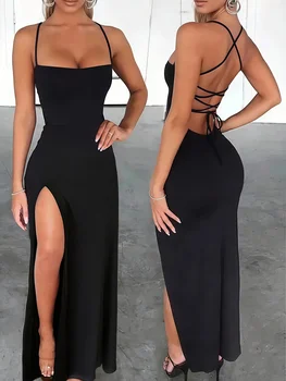 Women's slim-fit sexy high-slit cross-strap tie long dress, backless with strap design 1