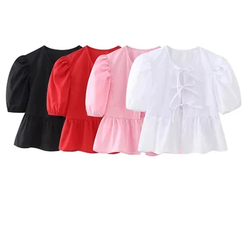 TRAFZA Women Fashion Slim Puff Sleeve Shirt Elegant Lace Up O Neck Cropped Tops 2024 Spring Summer Female Chic Ruffle Blouse