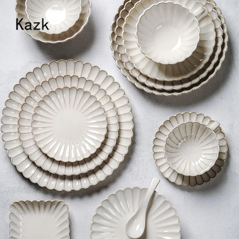 Retro Stripes Ceramic Plate Hotel Dining Table Dinner Plates Sushi Dishes Salad Bowl Kitchen Decoration Nordic Tableware Set