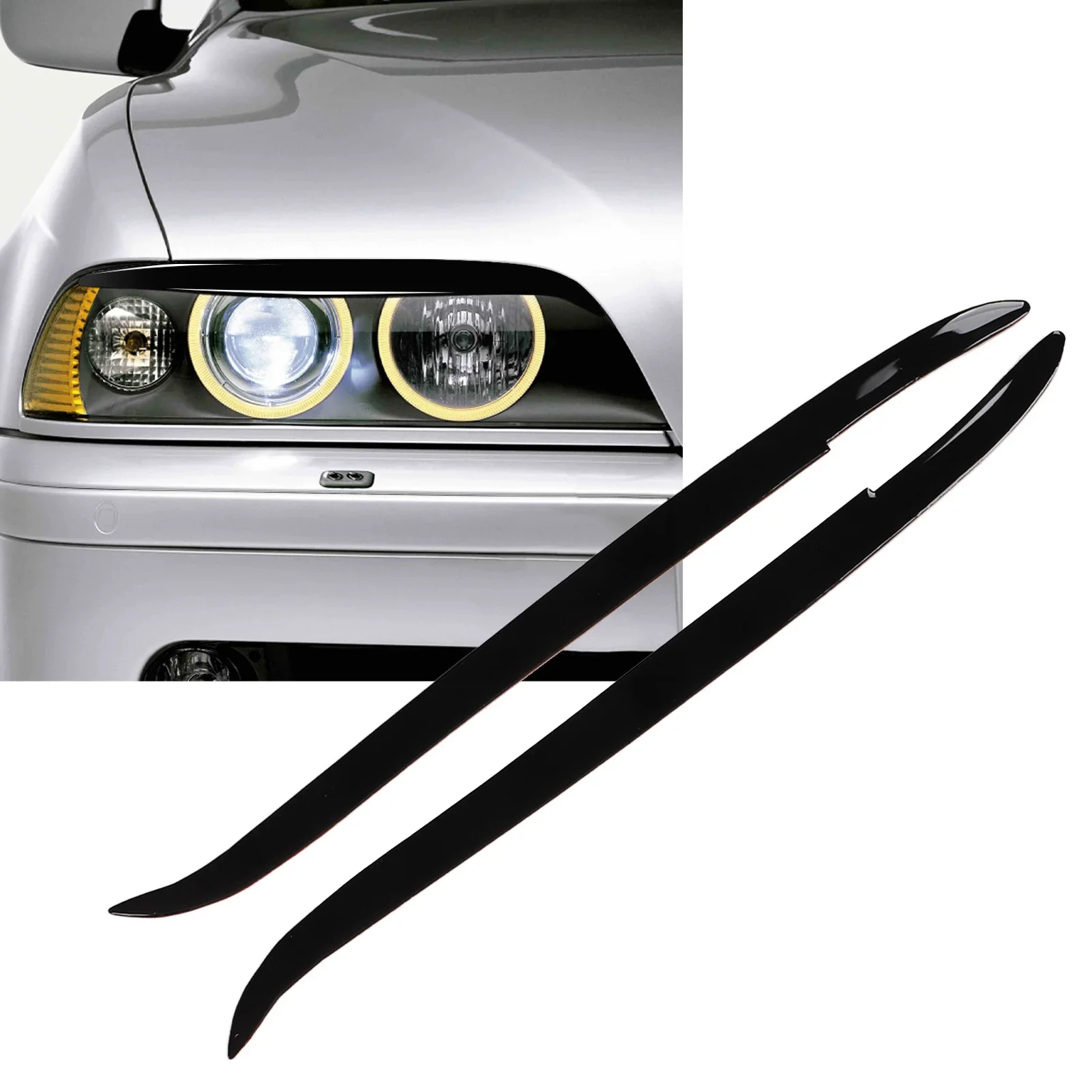 2 Pcs Headlight Eyebrow Glossy Black Trim Front Left Right Decoration for BMW E39 1997‑2003