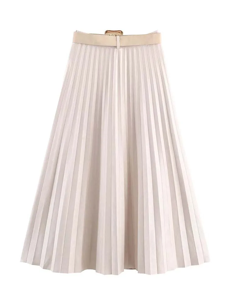 Women Chic Elegant Wrinkle Skirt With Belt Fashion 2025 New Vintage Midi Skirt High Street Casual Holiday Skirts