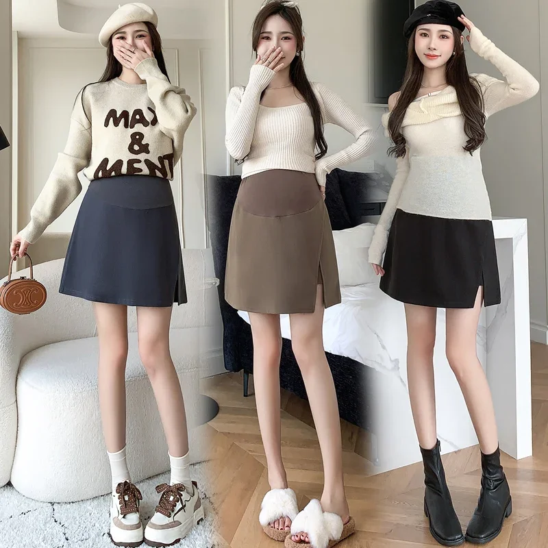 Winter Pregnant Woman Belly Skirts Faux Two Pieces High Waist Side Split Maternity A-line Skirt with Shorts Lining Skorts
