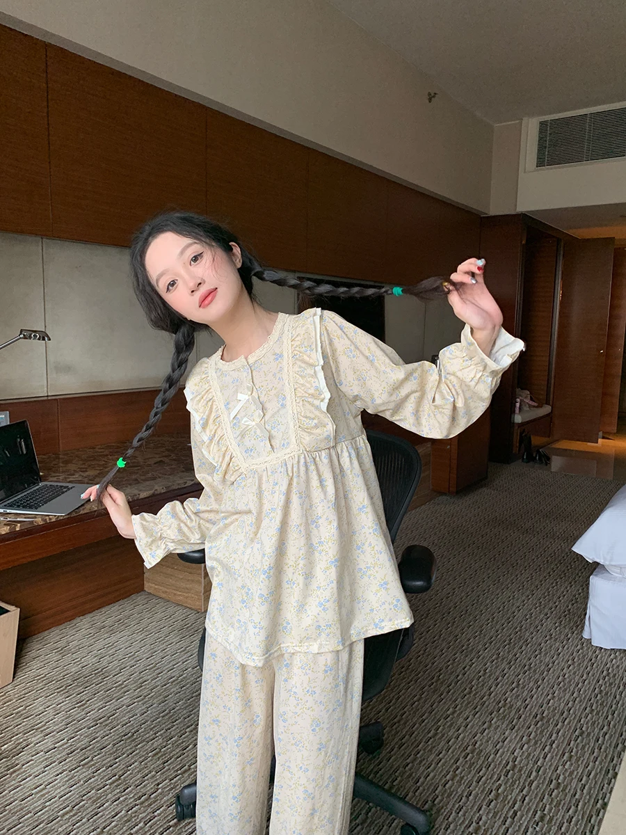 Japanese spring sweet floral homewear suit student fashion cute style comfortable loose pajamas women wear outside freshing chic