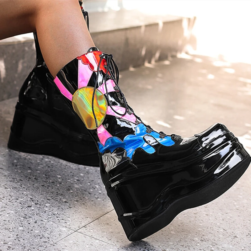 Thick Heel Modern Boots Round Toe Patent Mixed Color Print Calf Boots Short Lace up 6 cm Platform Women Shoes Knee High Booty