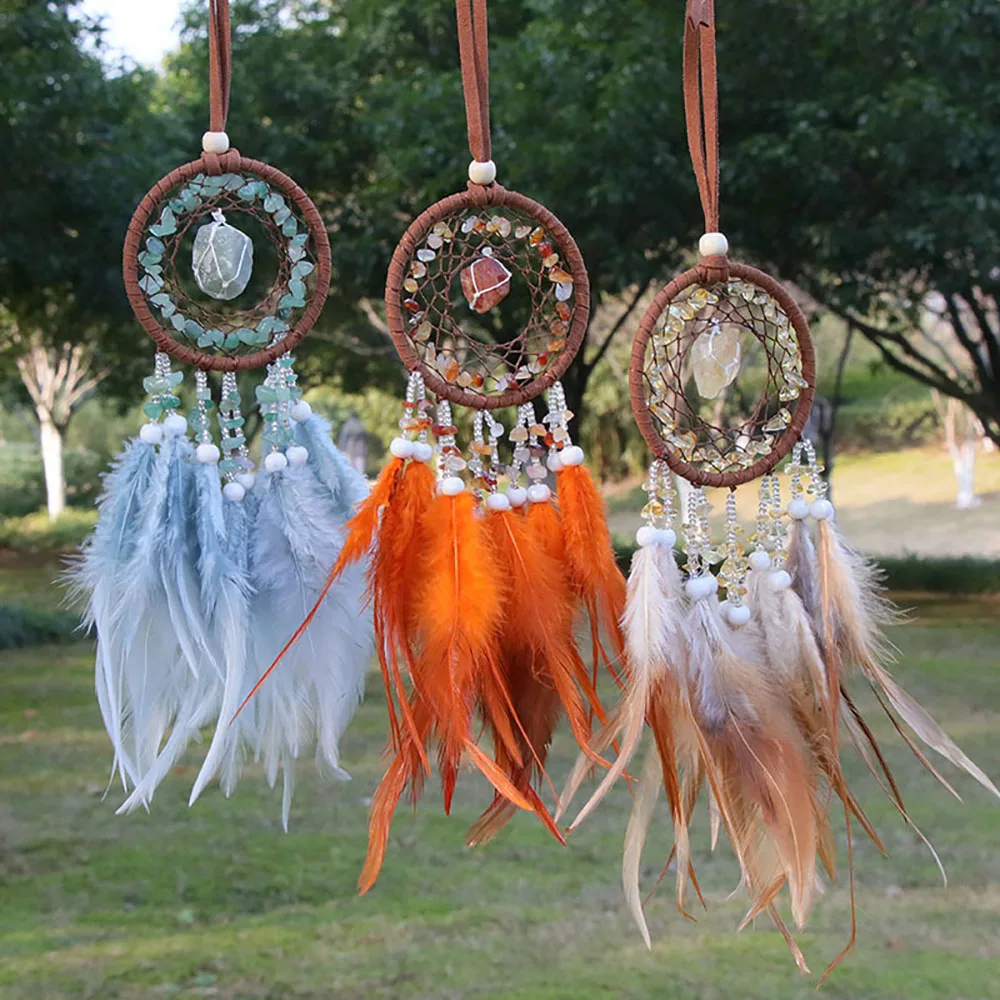 Natural Crystal Handmade Dream Catcher with Feathers Amethyst Citrine Lapis Lazuli Red Agate Raw Chip Stone Car Hanging Ornament 4
