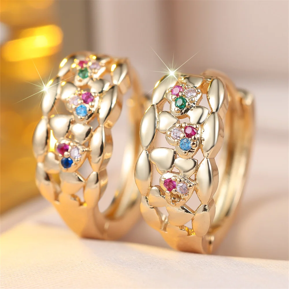 Vintage Hollow Rainbow Crystal Zircon Hoop Earrings For Women Fashion Gold Silver Color Ear Buckle Wedding Jewelry Bridal Gifts