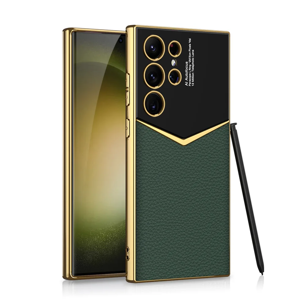 Luxury Leather Gold Electroplated Frame Phone Case with Soft Edges