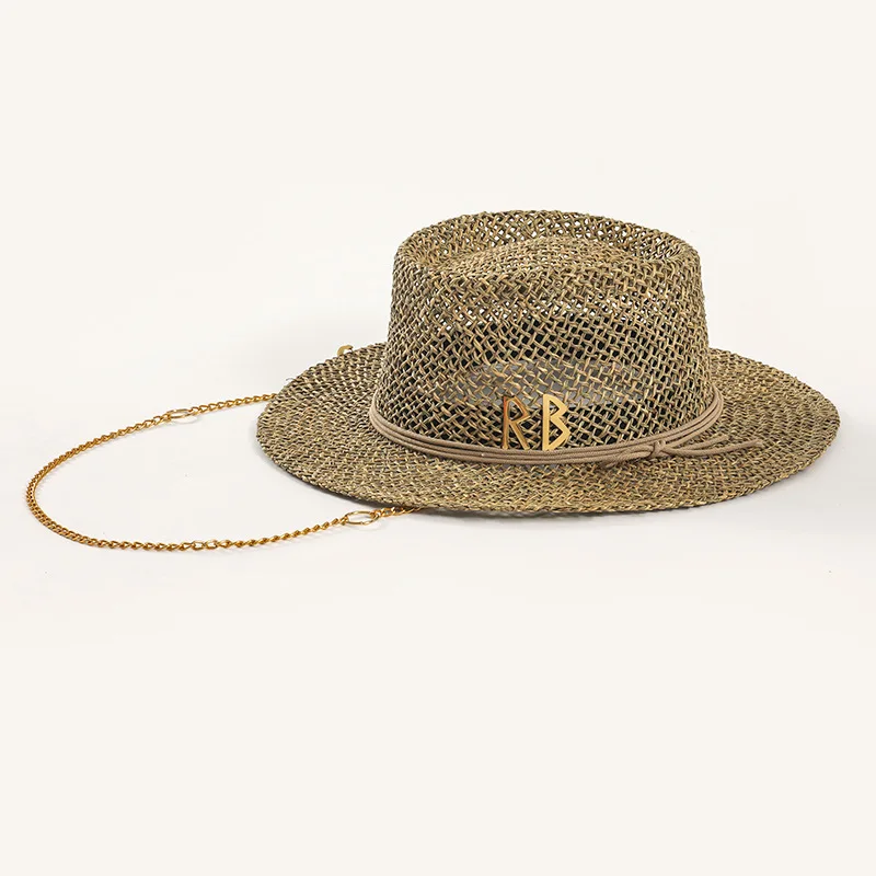 Women's Fashion Straw Sun Hat With Pin Design Openwork Letters Metal Chain European Style Summer Beach Cap_voghion.com