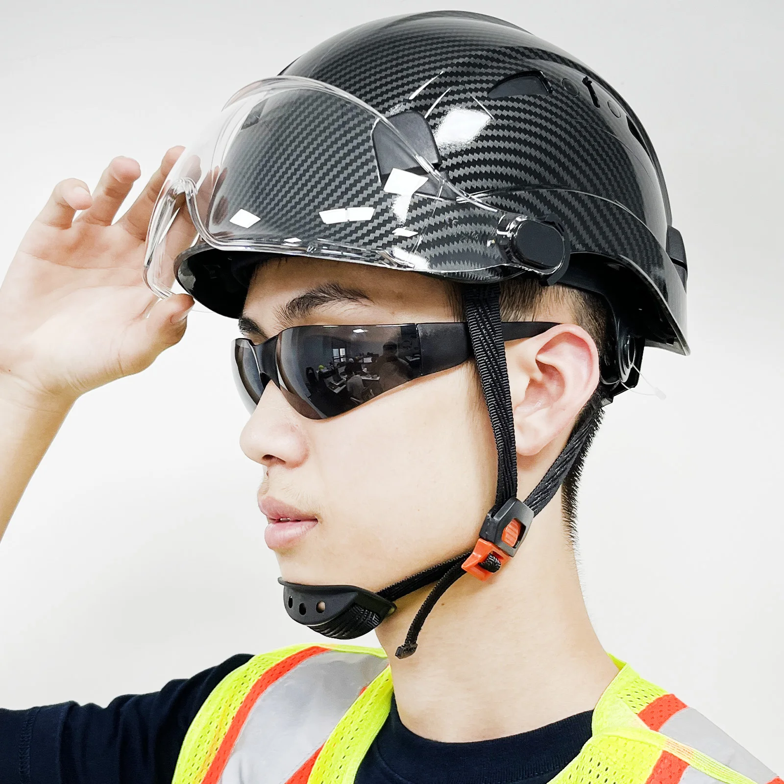 Carbon Fiber Pattern Safety Helmet With Goggle Visor Industrial Work Construction Hard Hats Visor CE EN397 ABS Caps For Engineer