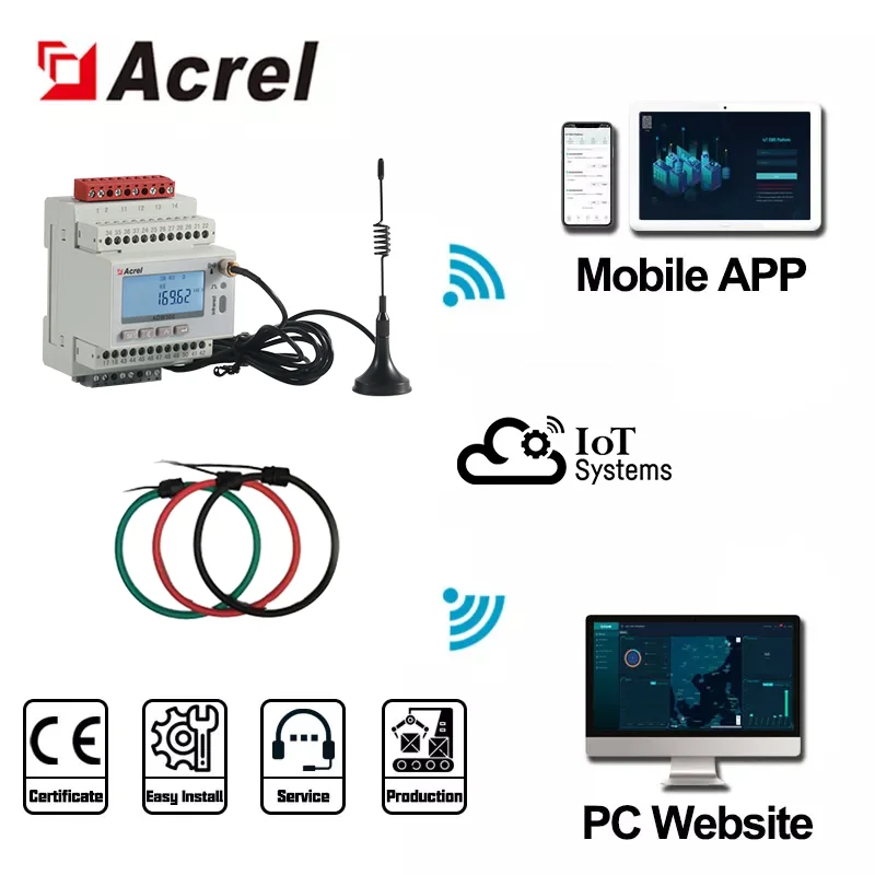 

Acrel ADW300 Energy Meter 3 Phase Digital Kwh Power Analyzer+3 Pcs 1000A/2000A Rogowski Coil for Online Consumption Monitoring