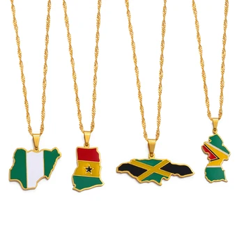 Anniyo Colorful Flags Nigeria Ghana Jamaica Guyana Maps Stainless Steel & Enamel Pendant Necklaces National Jewelry #122921