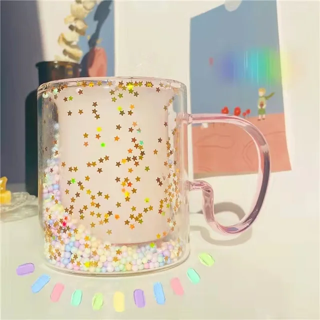 Star Double Wall Glass Coffee Mug with Beautiful Sequins Bubble Heat  Resistant Kawaii Cute Breakfast Tea Water Cup Handle Mugs - China Glassware  and Coffee Mug price