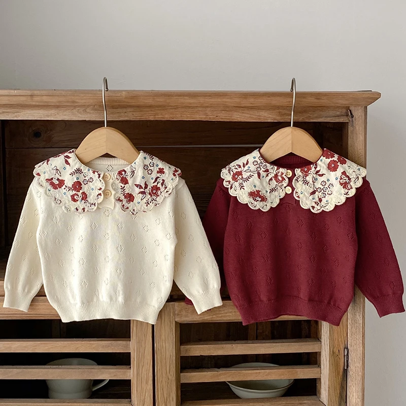 Autumn Newborn Sweaters Kids Knit Wear Kids Knitting Pullovers Tops Large Floral Collar Baby Girl Sweaters Cotton