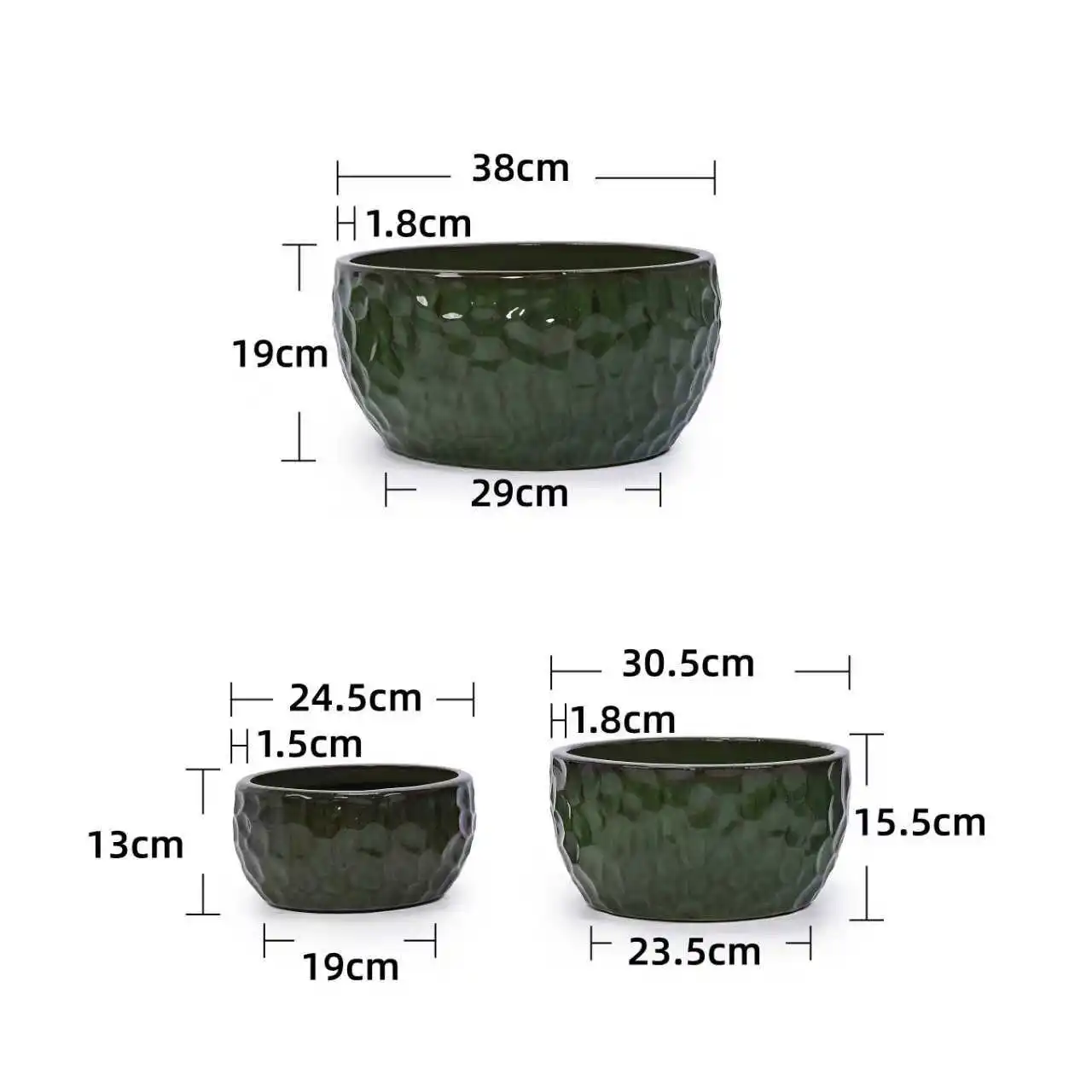 3-teiliges handgefertigtes Keramiktopf-Set (Ø 38,1/30,5/25,4 cm), grün, ideal für Bambus-/Feigenbäume, mit Drainagelöchern. – Detail 8